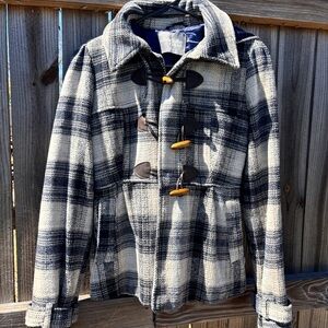 Charlotte Russe Navy and Cream Plaid Pea Coat
